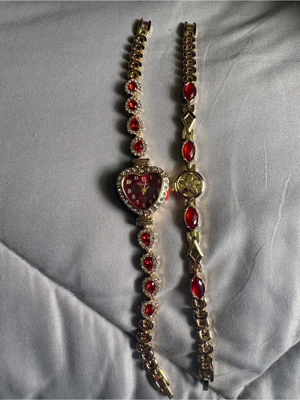 Gold-Tone Women’s Heart Watch Bracelet with Red Stones